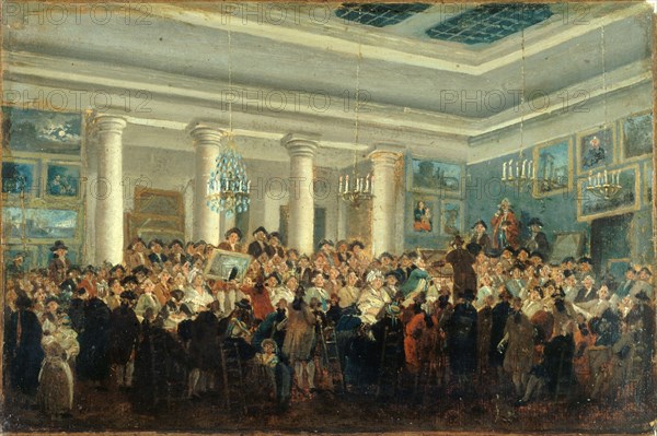 Vente publique de tableaux (Public sale of paintings), c. 1785. Creator: Demachy, Pierre-Antoine (1723-1807).