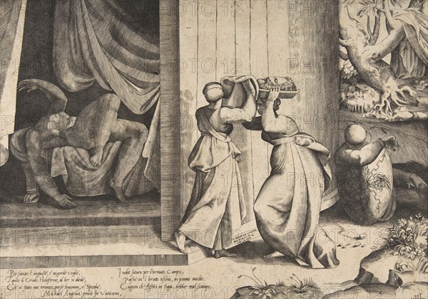 Judith passing the head of Holofernes to her maidservant, the decapitated Holofernes in..., 1531-76. Creator: Giulio Bonasone.