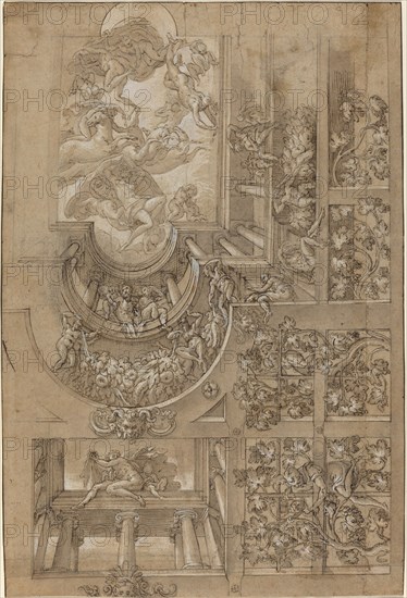 Illusionistic Ceiling with a Grape Arbor, Figures Poised on Galleries, and a Central..., c. 1570/158 Creator: Unknown.