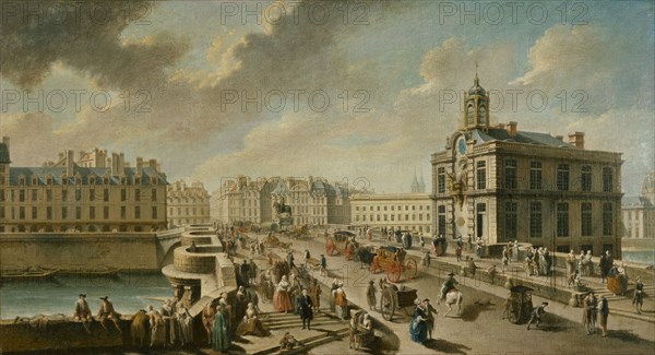 Le Pont-Neuf et la Pompe de la Samaritaine, vus du quai de la Mégisserie, 1777. Creator: Raguenet, Nicolas-Jean-Baptiste (1715-1793).