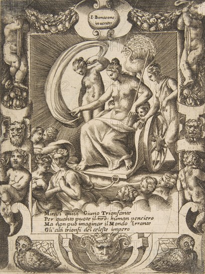 The triumph of Juno who is sat in a carriage, set within a elaborate frame, from the '(..., 1531-76. Creator: Giulio Bonasone.