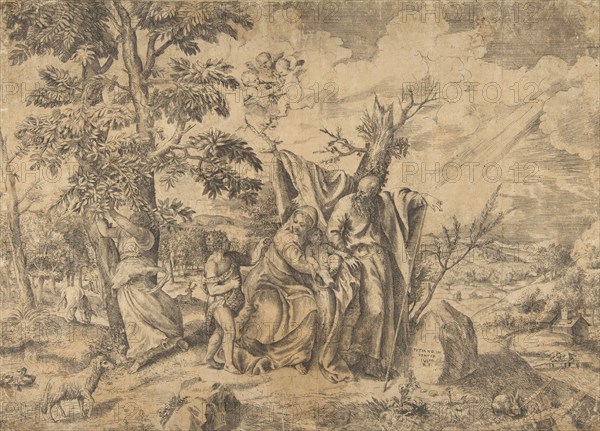 The Rest on the Flight into Egypt, Joseph at right, the Virgin holds the Christ Child i..., 1531-76. Creator: Giulio Bonasone.