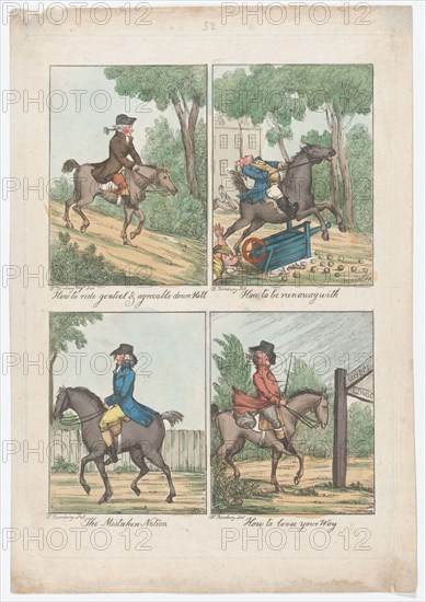 Four Scenes: How to Ride Genteel & Agreeable Down Hill; How to be Run Away With; ..., 1787 or later. Creator: Unknown.