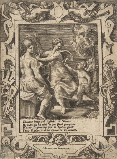 Athena seated near Juno who has taken away Cupid's arrows, set within an elaborate fram..., 1531-76. Creator: Giulio Bonasone.