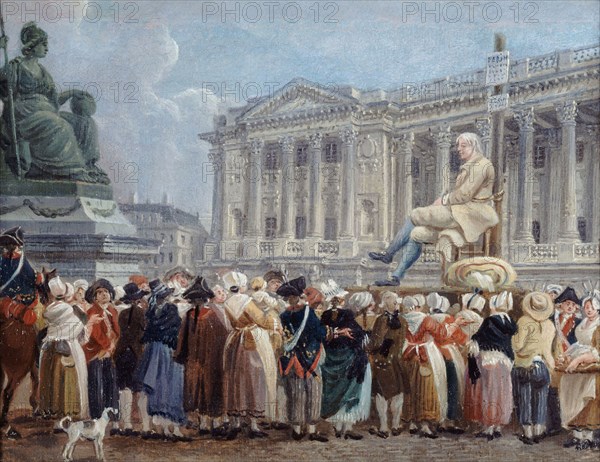 Exposition de Pierre Nicolas Perrin sur la place de la Révolution, le 29 vendémiaire, c. 1793. Creator: Demachy, Pierre-Antoine (1723-1807).