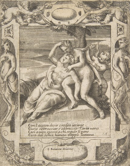 Ixion embracing a cloud, thinking it is Juno, Cupid at the right, set within an elabora..., 1531-76. Creator: Giulio Bonasone.