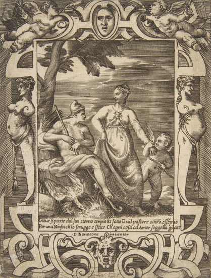 Jupiter at left in the form of a shepherd accompanied by Mnemosyne, set within an elabo..., 1531-76. Creator: Giulio Bonasone.