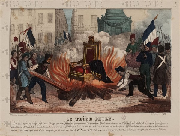 Burning of the throne of the King Louis Philippe on February 25, 1848..., ca 1848. Creator: Anonymous.
