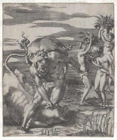 Hercules defeating the river god Achelous in the form of a bull, with three women t..., ca. 1526-27. Creator: Giovanni Jacopo Caraglio.