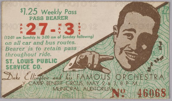 Transit pass for St. Louis Public Service Company depicting Duke Ellington, 15067. Creator: Unknown.