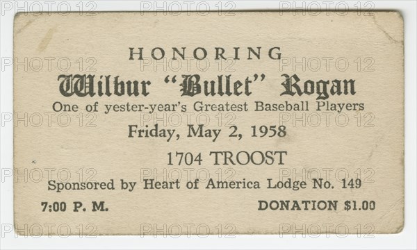 Advertising card for an event honoring Wilbur "Bullet" Rogan, May 2, 1958. Creator: Unknown.