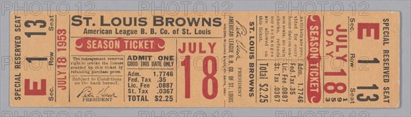 Season ticket for the St. Louis Browns baseball team, 1953. Creator: Unknown.