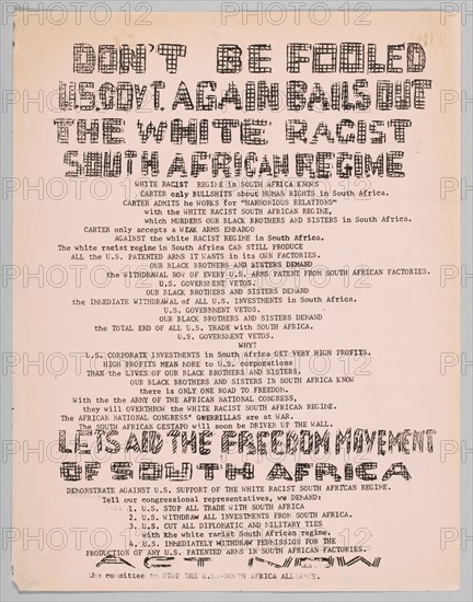 Flyer urging people to tell Congress to end trade with South Africa, 1970s. Creator: Unknown.