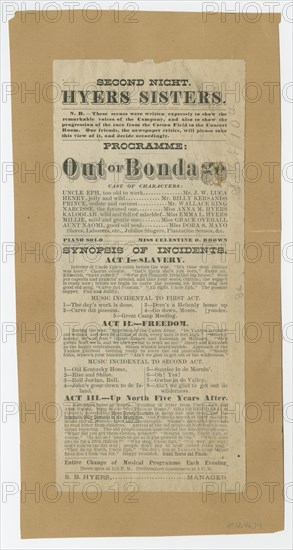 Broadside for the musical drama "Out of Bondage", 1876. Creator: Unknown.