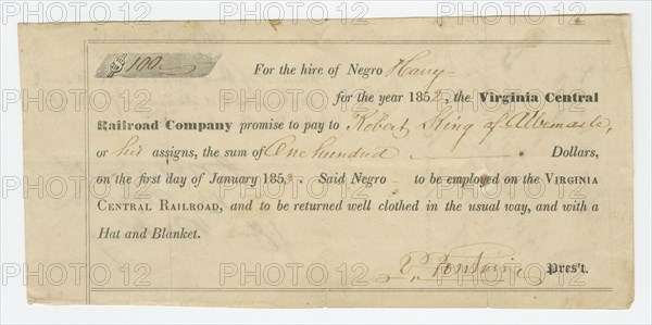 Bond for the hire of enslaved man named Harry by the Virginia Central Railroad, 1852. Creator: Unknown.