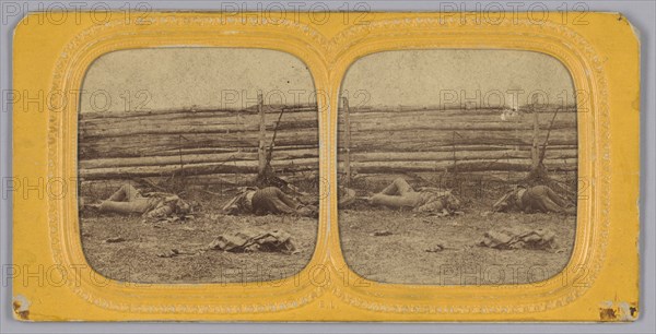 Stereograph of deceased Confederate soldiers near a fence at Antietam, Maryland, 1862. Creator: Alexander Gardner.