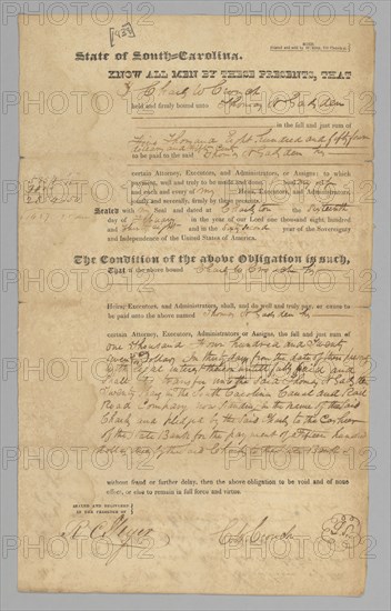 Bond from Charles Crouch to Thomas Gadsden, February 16, 1838. Creator: Unknown.