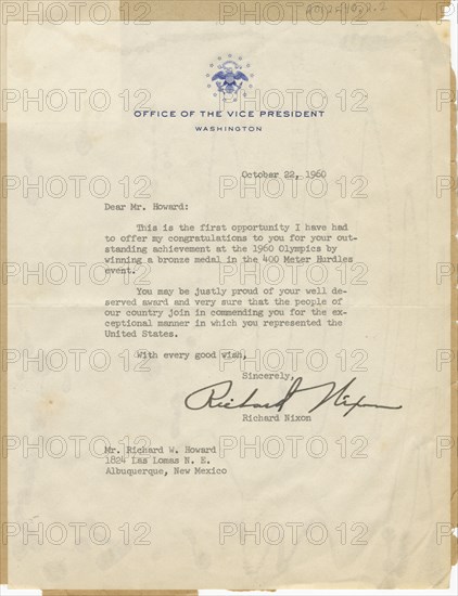 Letter to Richard Howard from Vice Pres. Richard Nixon, October 22, 1960, October 22, 1960. Creator: Richard Nixon.