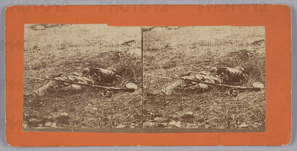 Stereograph of a deceased soldier on the battlefield after Gettysburg, 1863. Creator: Alexander Gardner.