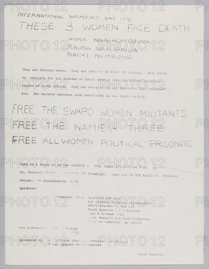 Flyer about the Namibia Three and International Women's Day 1976, 1976. Creator: Unknown.