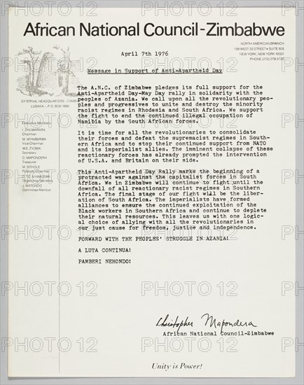 Letter from the African National Council-Zimbabwe, April 7,1976. Creator: Unknown.