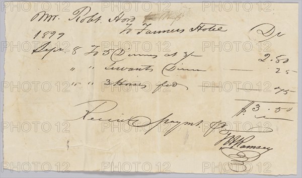 Receipt for "dinners, servants dinners, and horses fed" at the Farmers' Hotel, September 8, 1819. Creator: Unknown.
