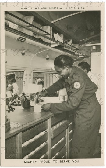 Picture postcard of a volunteer serving troops out of a Red Cross “Clubmobile", ca. 1945. Creator: Unknown.