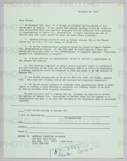 Letter announcing meeting to oppose US intervention in Angola, December 30, 1975. Creator: Unknown.