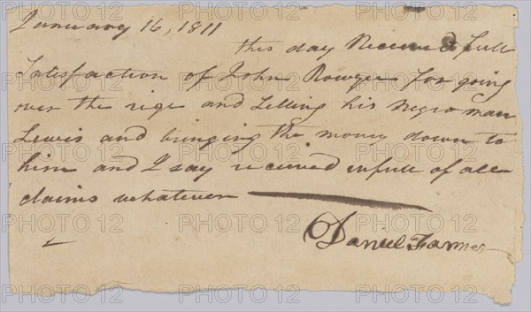 Payment receipt for the hiring out of an enslaved man named Lewis, January 16, 1811. Creator: Unknown.