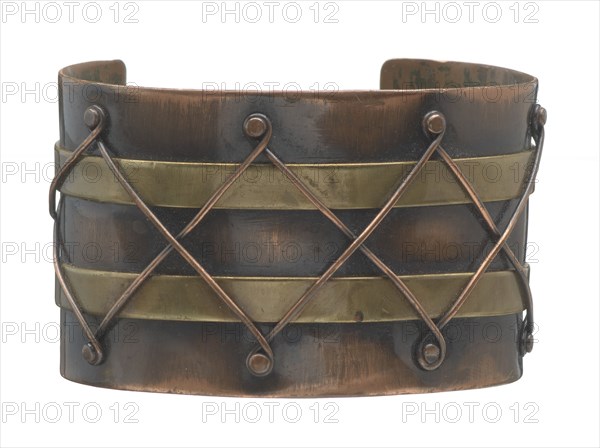 Copper and brass diamond design cuff by Winifred Mason Chenet, ca. 1945. Creator: Winifred Mason Chenet.