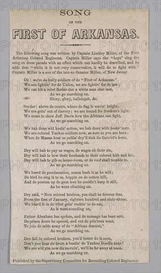 Printed lyrics for the "Song of the First of Arkansas", 1864. Creator: Unknown.