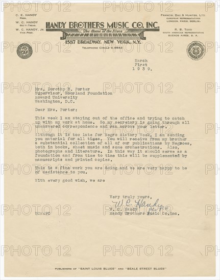Letter to Dorothy Porter from W.C. Handy, March 1, 1939. Creator: WC Handy.