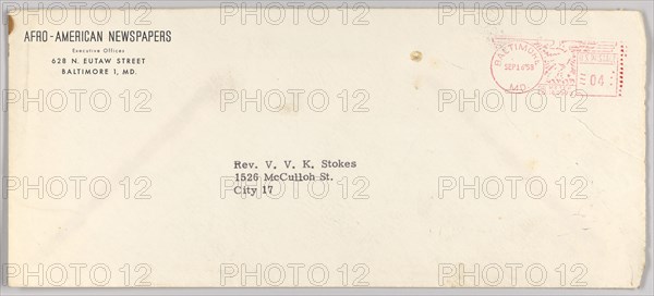 Envelope for a letter from Afro-American Newspapers to Rev. V. Stokes, September 16, 1958. Creator: Unknown.