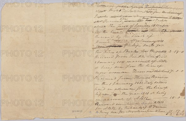 Accounting record for the Rouzee family with notes on hires of enslaved persons, 1810-1811. Creator: Unknown.