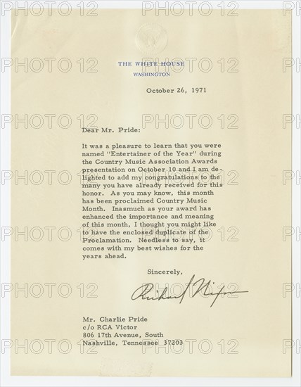 Letter to Charley Pride from Richard Nixon, October 26, 1971. Creator: Richard Nixon.