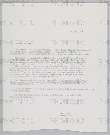 Letter discussing the activities of the Commitee to Free the SASO 9, May 28, 1976. Creator: John Akpan.