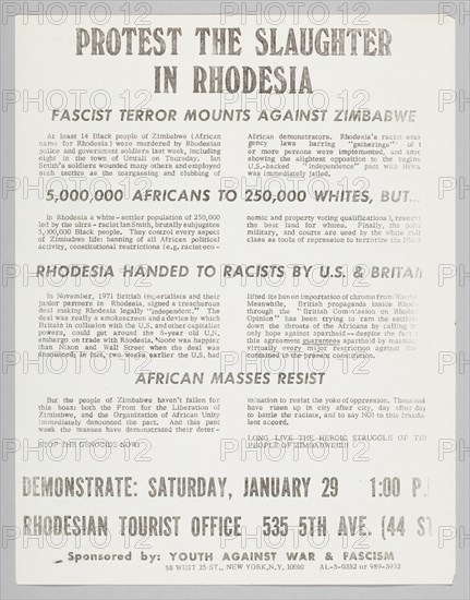Flyer advertising a protest against slaughter in Rhodesia, January 29, 1972. Creator: Unknown.
