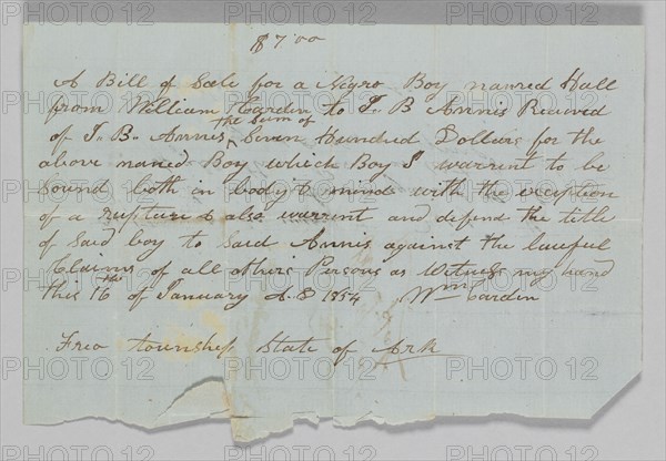 Bill of sale for a boy named Hall to Jerome B. Annis, January 16, 1854. Creator: William Cardin.