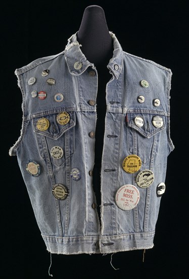 Commemorative denim vest with buttons assembled by Joan Trumpauer Mulholland, 1960s. Creator: Unknown.