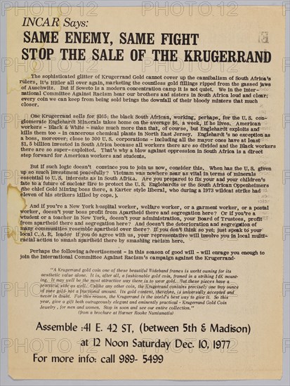 Flyer advertising a protest against the sale of the Krugerrand, 1977. Creator: Unknown.