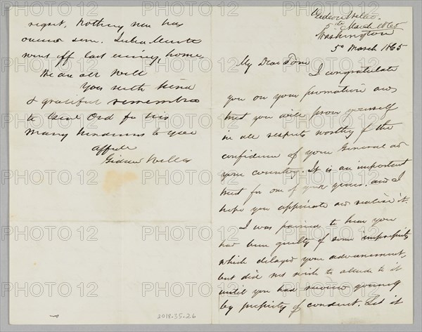 Letter from Secretary Gideon Welles to his son Thomas, March 5, 1865. Creator: Gideon Welles.