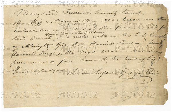 Pass for free woman Harriet Lawson to visit her husband, Caleb, May 21, 1832. Creator: Unknown.