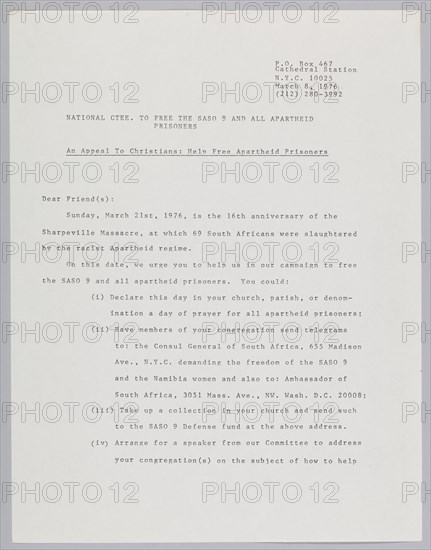 Letter from the Committee to Free the SASO 9, March 8, 1976. Creator: Unknown.