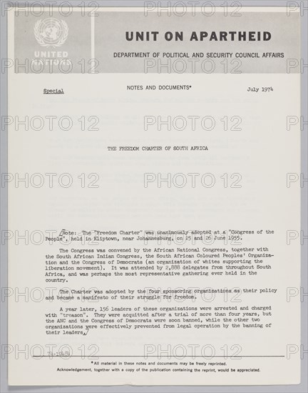 Notes from the United Nations on the Freedom Charter of South Africa, July 1974. Creator: Unknown.