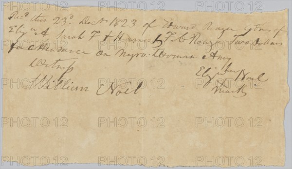 Payment receipt to Elizabeth Noel for "attendance on negro woman Amy", December 23, 1823. Creator: Unknown.