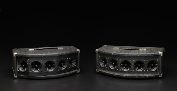 Tweeter box speakers used as part of a DJ setup, 1970s. Creator: Unknown.