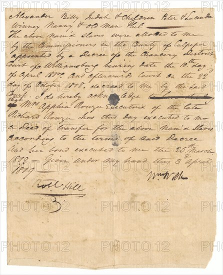 Deed of transfer of enslaved persons from the estate of Richard Rouzee, April 3, 1809. Creator: Unknown.