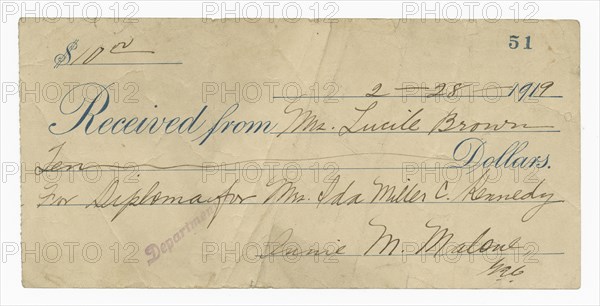 Receipt for ten dollars from Lucille Brown, February 28, 1919. Creator: Unknown.