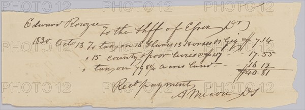 Record of taxes on property, including enslaved persons, owned by Edward Rouzee, October 13, 1830. Creator: Unknown.