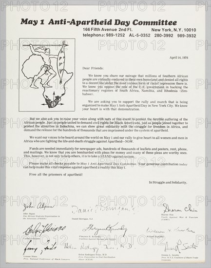 Letter requesting support for the Anti-Apartheid Day rally, April 14, 1976. Creator: Unknown.
